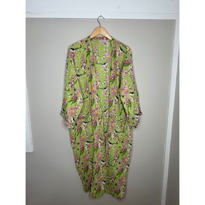 Mahogany Women's Kimono Robe L Green Floral Bird Butterfly Pocket Full Length